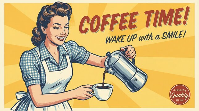 Vintage pop art illustration of a smiling woman pouring fresh coffee from a moka pot.
