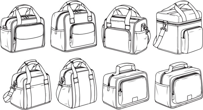 Illustrations of various backpacks and bags in different styles and designs Vector