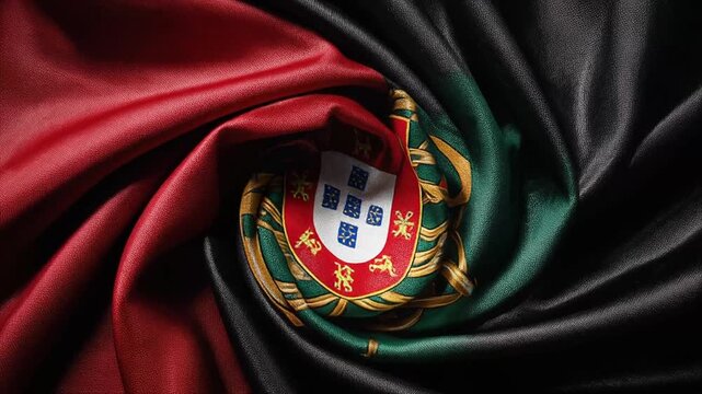 Close-up of draped cloth displaying a crest. Red, green, and black fabric surround a detailed emblem