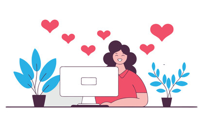 Happy woman with a big smile working on a retro computer surrounded by hearts and potted plants.