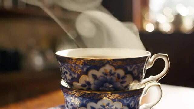 Steaming tea being poured into a blue floral patterned porcelain teacup on a wooden table in a cozy cafe setting