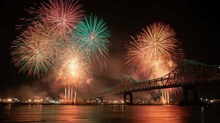Fototapeta premium Colorful Fireworks Display Over Bridge at Night Celebrating Event with Bright Explosions in Sky and Reflecting on Water in Urban Environment