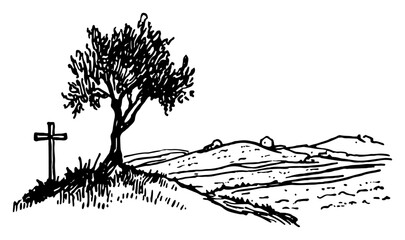 Fototapeta premium Classic black ink sketch of a tree and a christian cross on a hillside landscape