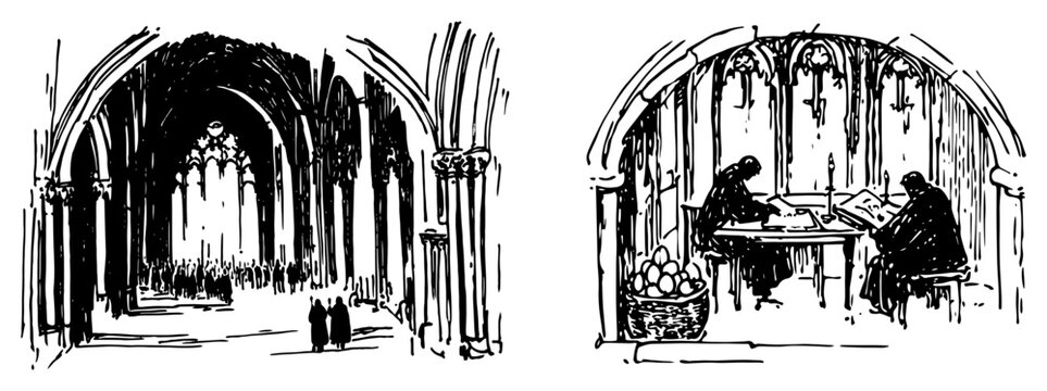 Vintage black ink illustration of a gothic cathedral interior and monks studying in a monastery