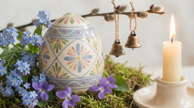 A Pisanka-painted Easter egg with a blue floral design, a candle and fresh branches, forget-me-not flowers, an elegant Easter decoration, a delicate festive atmosphere, and a spring greeting.