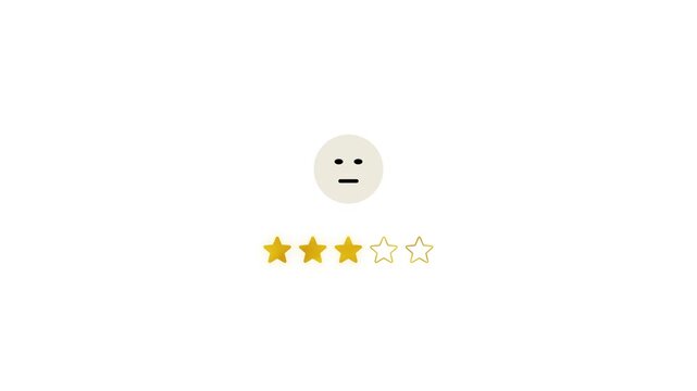 Three star customer review animation, neutral emoji face above yellow rating icons on white background, average evaluation, decent assessment, average impact, moderate reaction, copy space