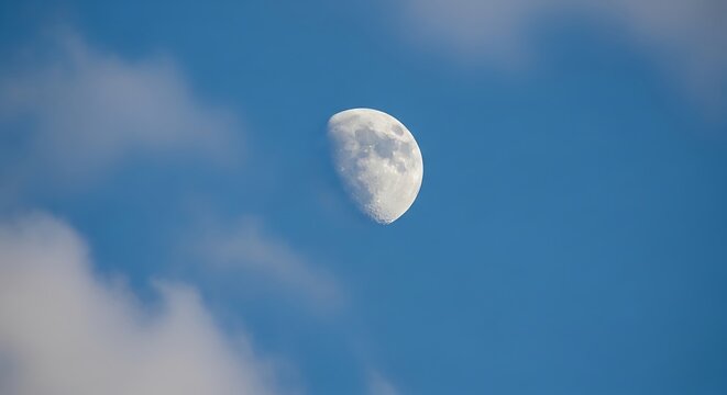 Half moon in blue sky with fluffy clouds daytime celestial landscape