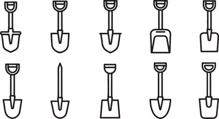 A collection of various shovels and spades in a row. Vector © mahafuza