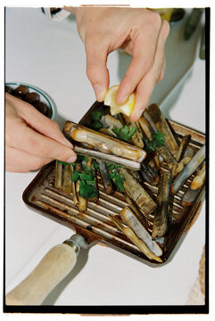 Razor clams presented on a platter