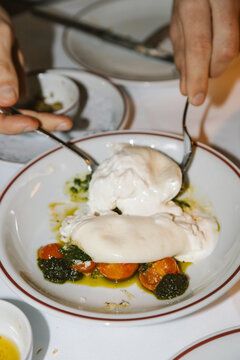 Burrata cheese plated with basil and tomatoes in a restaurant setting