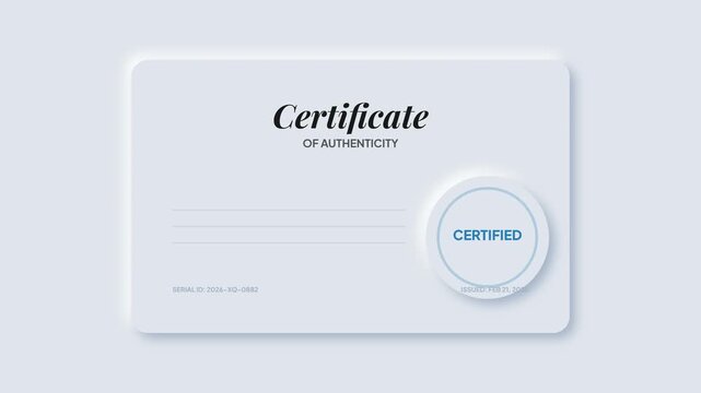 Sleek neumorphism certificate of authenticity template showcasing a debossed 'Certified' seal, ideal for modern verification and official documentation