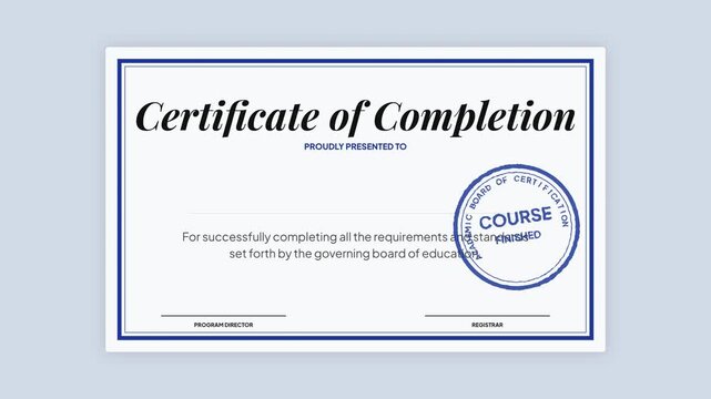 Official Certificate of Completion Template Design for Academic or Professional Course Recognition, Achievement Award Document Illustration