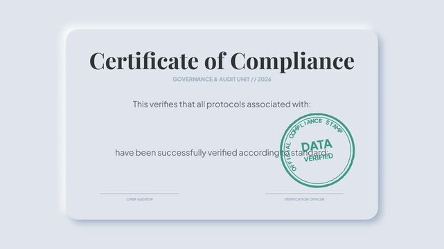 Official digital certificate confirming successful data verification and adherence to regulatory compliance protocols, ensuring operational standards are met and validated