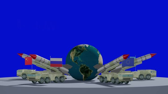 Seamless loop 3D animation of missile systems with the flags of the USA, Russia, China, the European Union and Ukraine surrounding the Earth under the words &ldquo;World Peace.&rdquo; Concept of global security a
