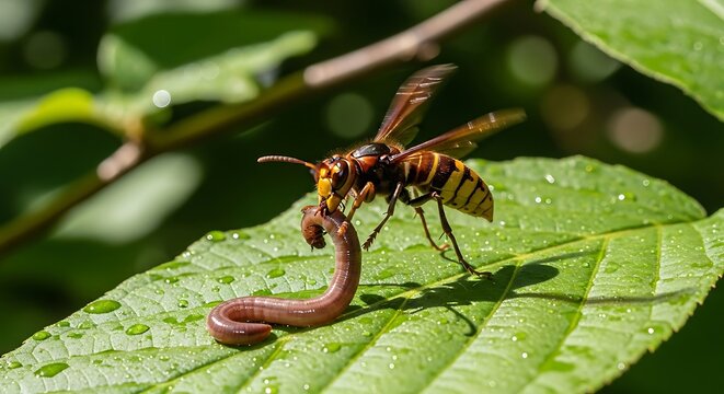 Hornet feeding on earthworm on a green leaf with sunlight