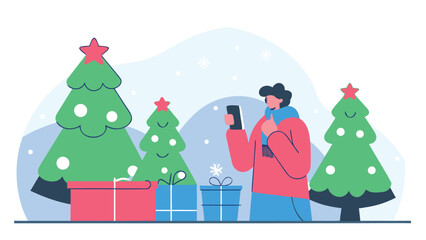 Person in a blue scarf using a phone between decorated Christmas trees and wrapped gifts in the snow.