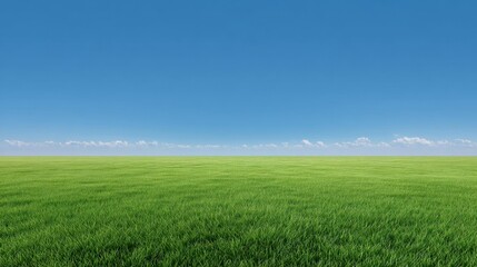 Expansive Green Grass Field Under Clear Blue Sky with Soft White Clouds on the Horizon for Tranquil Nature and Landscape Photography