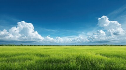 Fototapeta premium Lush Green Grassland Under Bright Blue Sky with Fluffy White Clouds and Horizon Stretching Openly in a Peaceful Natural Landscape