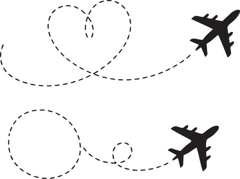 Black airplanes following heart and circular dashed flight paths on transparent background