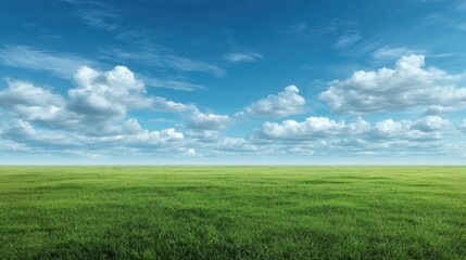 Obraz premium Expansive Green Field Under Bright Blue Sky with Fluffy White Clouds During Daytime, Ideal for Nature Themes and Landscape Photography Projects