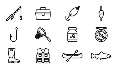 Fishing collection vector outline set of design elements on transparent background exactly hundred characters © GoDesigner