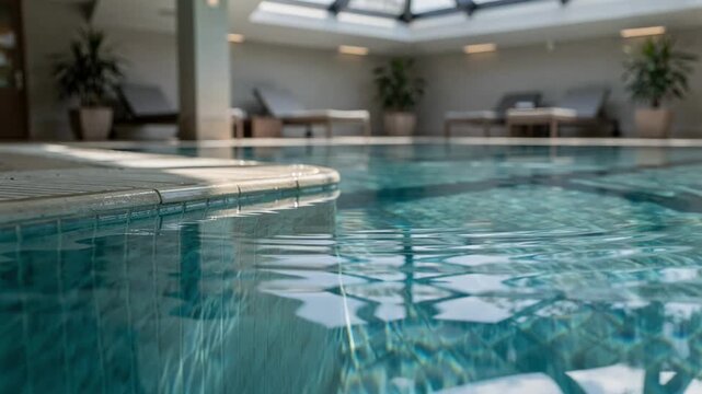 Medium shot of indoor hotel lap pool with crystal clear water pool edge in sharp focus and blurred loungers and skylights in the background.
