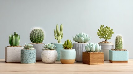 Fototapeta premium Assorted Succulent and Cactus Plants in Modern Minimalist Pots on Wooden Surface with Soft Natural Lighting and Light-Colored Background