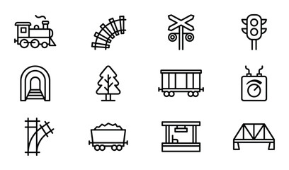 Model railway and train icons set with locomotive tracks tunnel bridge wagon and signal lights sign © GoDesigner