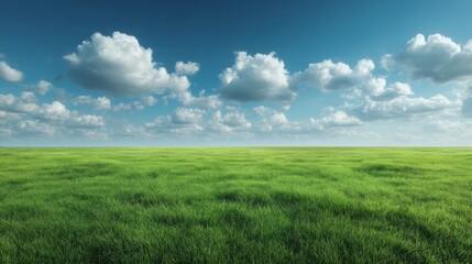 Fototapeta premium Serene Green Meadow Under a Bright Blue Sky with Fluffy White Clouds and Infinite Horizon Landscape in Nature
