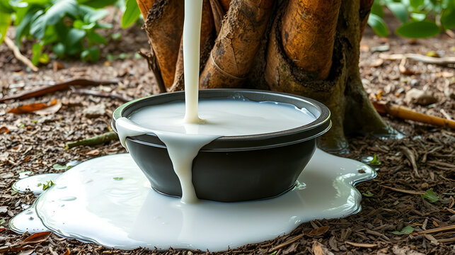 Fresh milky Latex flows from para rubber tree into a plastic bowl
