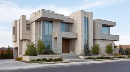Modern Architectural Home with Clean Lines and Large Windows Surrounded by Lush Greenery in a Suburban Neighborhood