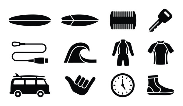 Surfing and water sports elements including surfboards van wetsuit wave leash clock and shaka hand