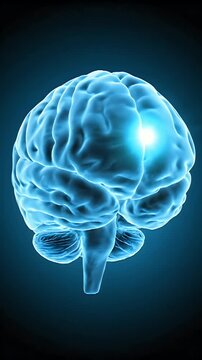 Abstract 3D Rendering of a Glowing Blue Human Brain with Highlighted Section on Dark Gradient Background