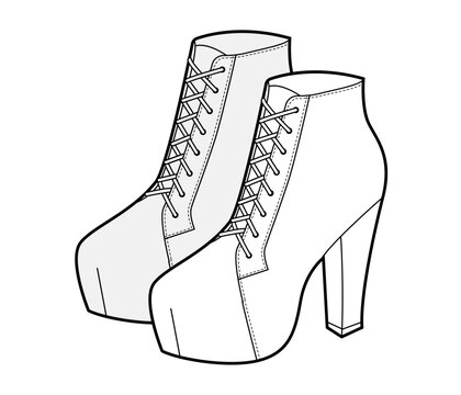 Platform ankle boot women sketch pair. Lace up high heel footwear for party, concert, fashion show outfit. Technical fashion illustration, CAD mockup, detailed vector men unisex isolated bold style.