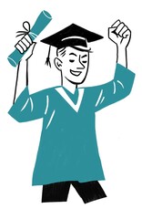 Ilustración de hombre joven graduado, con birrete y un diploma doblado en so mano.