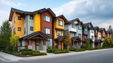 Colorful row of modern townhouses with architectural diversity and landscaped surroundings in suburban neighborhood during daylight