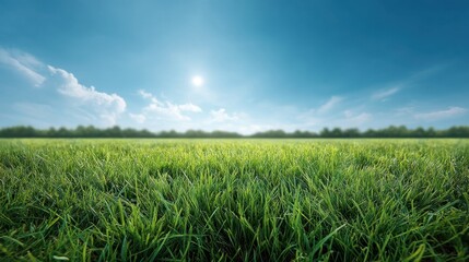 Lush Green Grass Field Under a Clear Blue Sky with Bright Sunlight and Fluffy Clouds in the Background, Perfect for Nature and Outdoors Themes