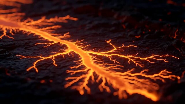 Driving innovation, AI Drug Discovery breakthroughs often find parallels in nature's powerful, intricate branching flows of molten lava on a dark surface.