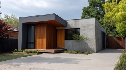 Modern minimalist house with unique design, large windows, wooden accents, and clear concrete finish in a stylish suburban setting
