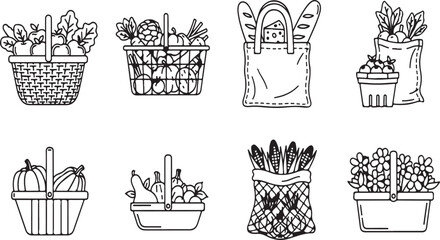A collection of various baskets and containers filled with different types of vegetables. Vector