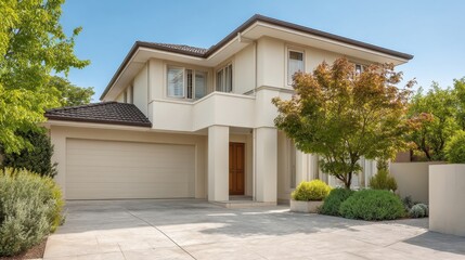 Modern two-story house exterior with landscaped garden, driveway, and clear blue sky, ideal for showcasing contemporary architecture and real estate investment opportunities.