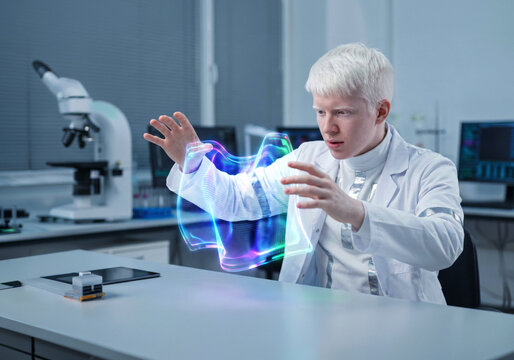 Futuristic scientist interacting with AI hologram
