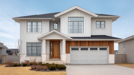 Modern two-story house with wide front porch, large windows, and contemporary design in suburban neighborhood during cloudy day