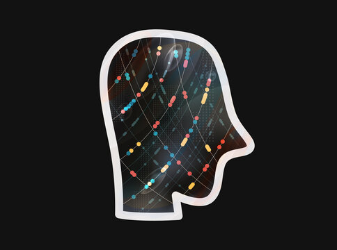 Human head silhouette with moving data lines