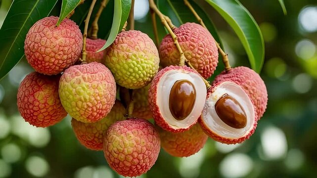 A vibrant close-up shot captures a cluster of ripe lychee fruits hanging delicately from a tree branch, bathed in natural sunlight. One fruit is gracefully split open, revealing its translucent white,
