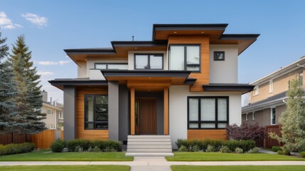 Fototapeta premium Modern two-story residential building with large windows and landscaped surroundings, showcasing architectural beauty in a serene neighborhood setting