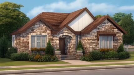 Charming stone cottage with inviting landscaping and serene surroundings in a suburban neighborhood, ideal for nature lovers and home enthusiasts