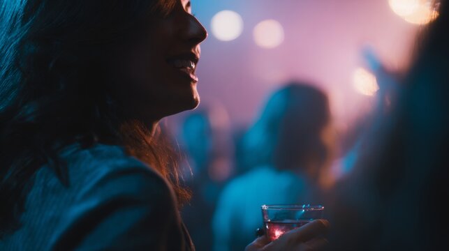 Woman is smiling and holding a glass of wine