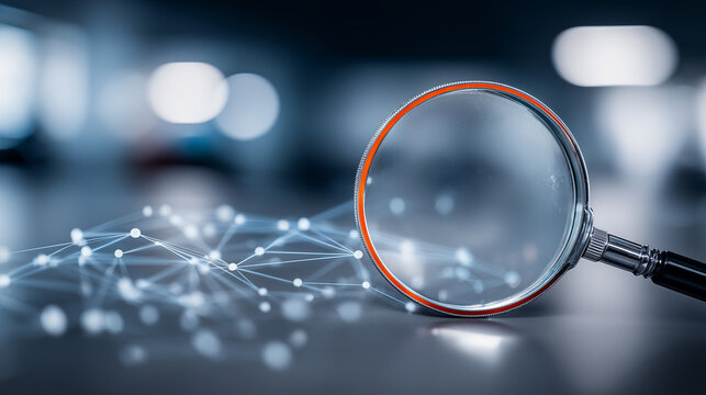 Magnifying glass over connected data nodes representing network analysis, digital investigation, and information mapping concept.
