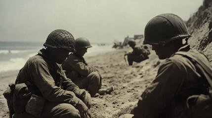 Obraz premium WWII soldiers resting on a sandy beach after combat, looking weary and thoughtful